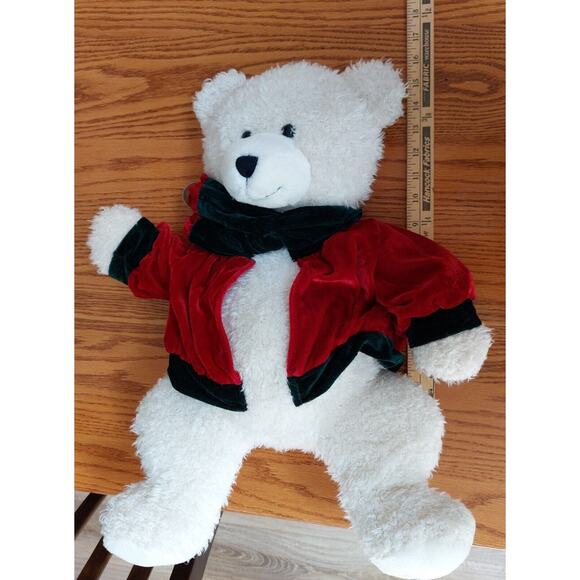 A Mart Plush White Teddy Bear Red Velvet Jacket Scarf Bell Holiday Decor Toy - Picture 9 of 9